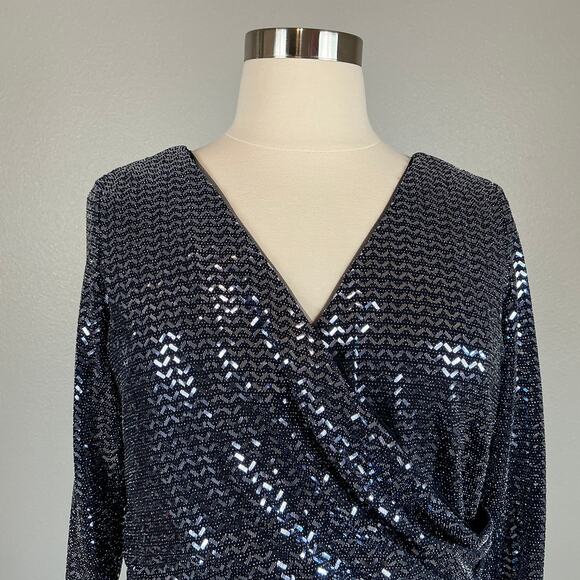 Betsy & Adam Metallic Long Sleeve Sheath Cocktail Dress Size 18W Blue V-Neck - Picture 7 of 14